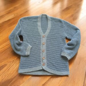 Crocheted Cardigan Sweater 2-toned Blue Handmade Button Front. New condition!